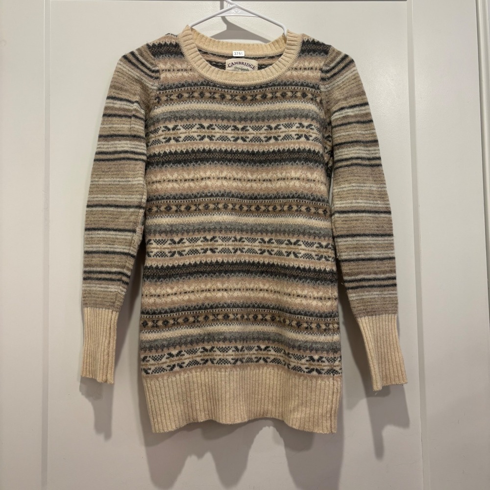 Cambridge Dry Goods Fair Isle Lambswool Blend Sweater Elbow Patches Small
